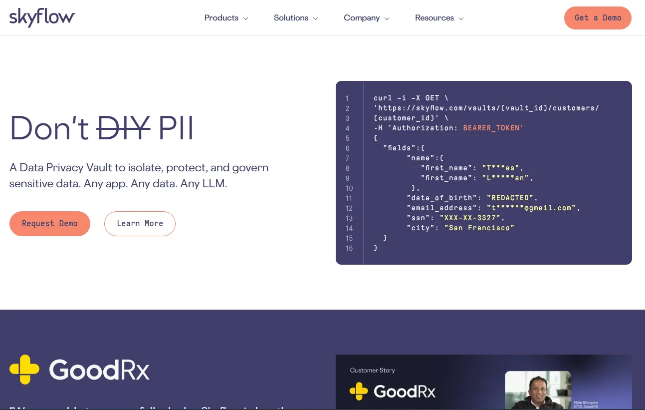skyflow homepage screenshot